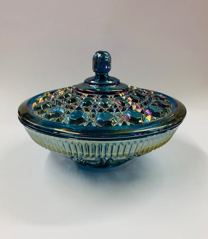 Rare blue carnival glass lidded bowl