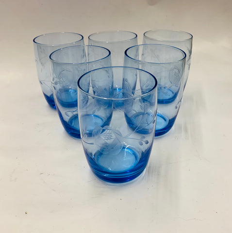 Set 6 retro Midcentury blue glass tumblers