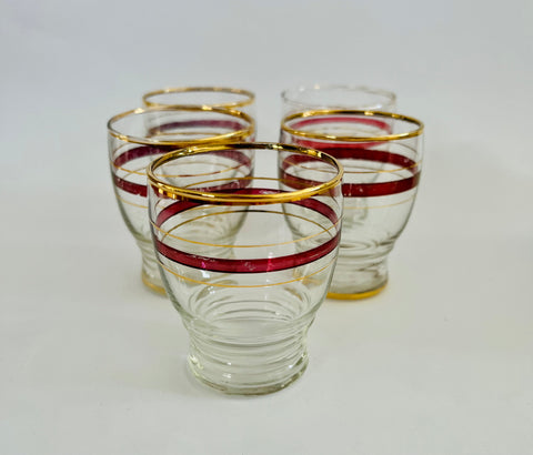 Set of Five Vintage Gold and Red Rimmed Glasses