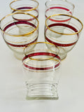 Set of Five Vintage Gold and Red Rimmed Glasses