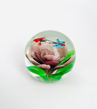 Clear Paperweight with a Purple Rose on the Base and Two Butterfly’s