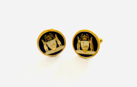 Vintage Set of Cufflinks Circular Base with Kangaroos, a shield and Swan with Blue Enamel Background