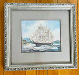 Unique Antique Watercolor Painting of a Boat with Lace Overlay