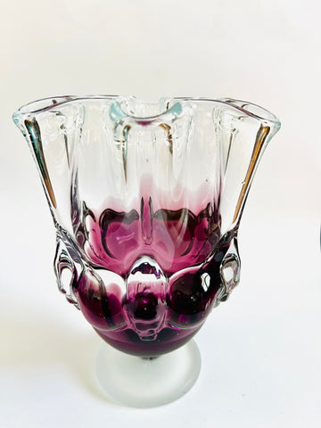 Purple and Clear Art Glass Pinched Vase
