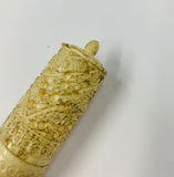 Ornate carved bone needle vase with bone needles etc inside