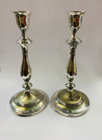Antique Silver plated tall column candlesticks