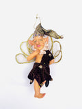 Whimsical Christmas Elf with Red Clothing Sheer Gold Wings and Gold Hat