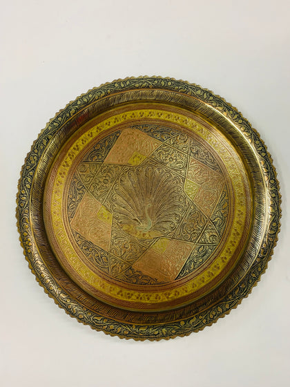 Ornate antique brass peacock tray