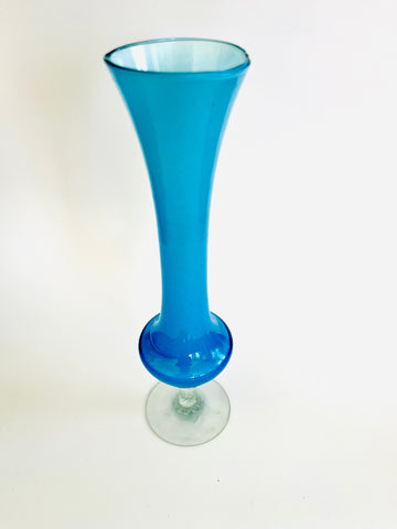 Art Glass Blue Cylinder Vase with Clear Stand