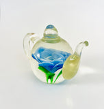 Glass Teapot Paperweight with a Blue Rose