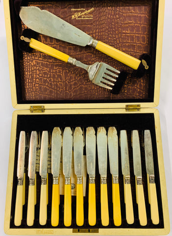 26 piece bone handled fish set with silver cuffs