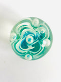 Clear Paperweight with Blue and Milk White Swirls with Six Bubbles