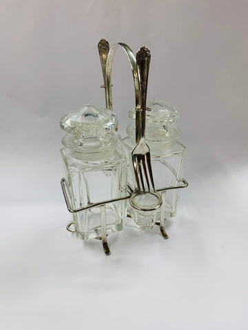Antique glass and silver plated olive jar set