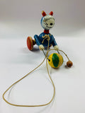 Vintage NZ made H. E Ramsey wooden pull along kitten and ball