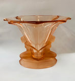 Art deco pink depression glass vase with ladies on each side