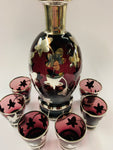 Venetian purple glass decanter and 6 glasses with silver overlay