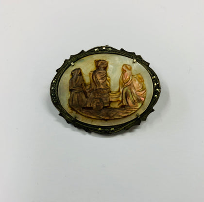 Silver Marcasite and mother of Pearl cameo brooch