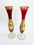 Pair of Bohemia Red Glass Vases with Hand Painted Gold Swirls