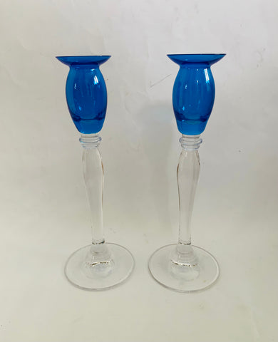 Pair of Midcentury retro blue glass candlesticks