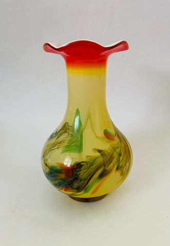 Late 20th Century Multi-Coloured Opaline Yellow Art Glass Vase Crimped Rim