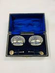 Sterling silver salt pots and silver shell salt spoons