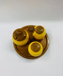 Retro wooden and yellow ceramic condiment set