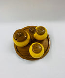 Retro wooden and yellow ceramic condiment set