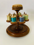 Antique Victorian wooden sewing spool or cotton reel holder and pin cushion