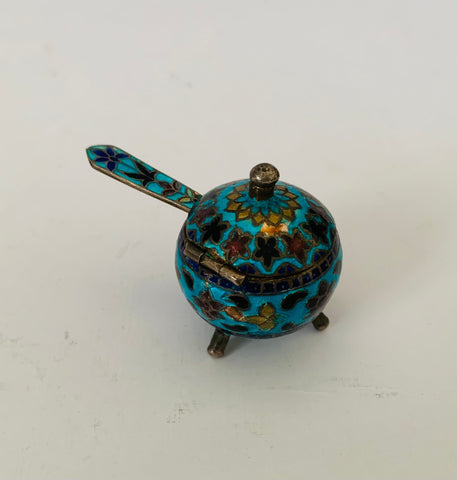 Silver and cloisonné salt pot and spoon