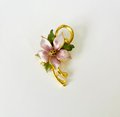 Metal and Enamel Brooch with a Purple Flower