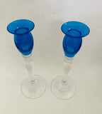 Pair of Midcentury retro blue glass candlesticks