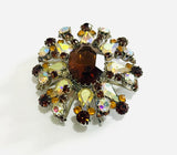 Vintage costume Brooch Round with Clear and Amber Jewels