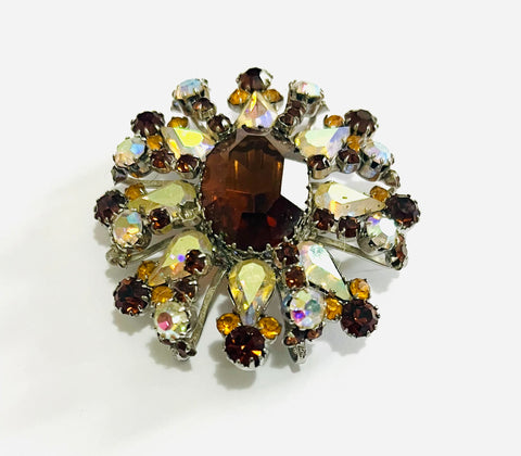 Vintage costume Brooch Round with Clear and Amber Jewels