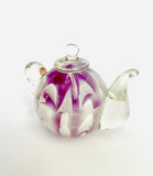 Glass Teapot Paperweight with Pink and Milky White Swirls