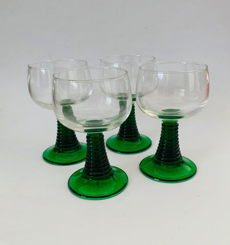 Set of 4 Dark Green Stemmed German Wine Glasses