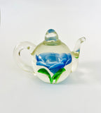 Glass Teapot Paperweight with a Blue Rose