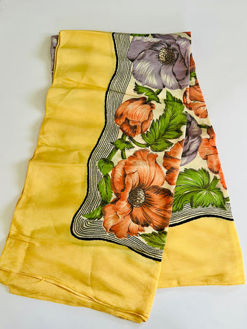 Silky Scarf with yellow edges and purple and red flowers