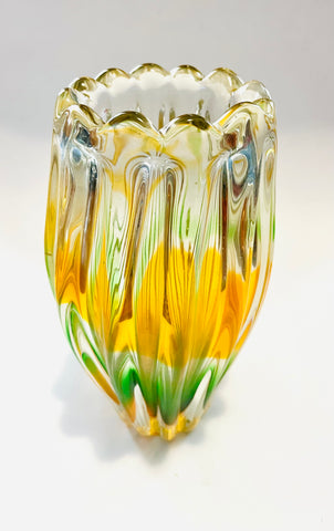 Heavy Clear Art Glass Vase with Green and Yellow Swirls