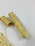Ornate carved bone needle vase with bone needles etc inside