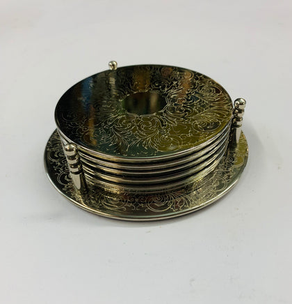 Set of 6 silver plated coasters in stand