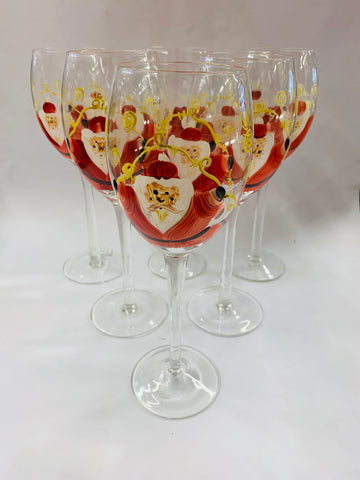 Set of 6 tall hand painted Santa wine glasses