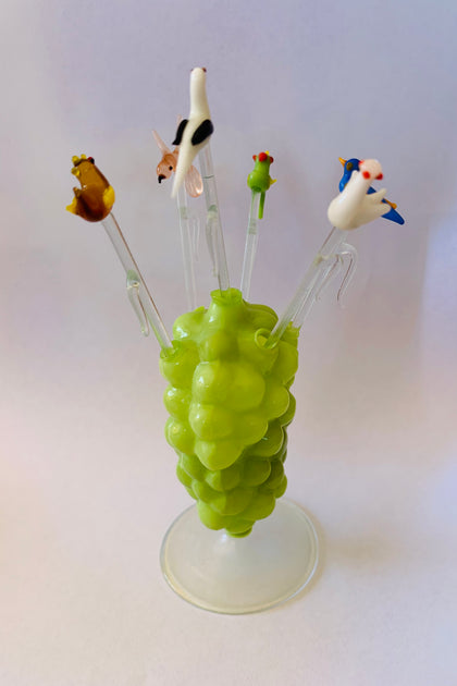 Retro Glass bird Sizzle Sticks in green bubble holder