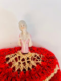 Porcelain Half Lady Tea Cosy Red and Gold scolloped Skirt