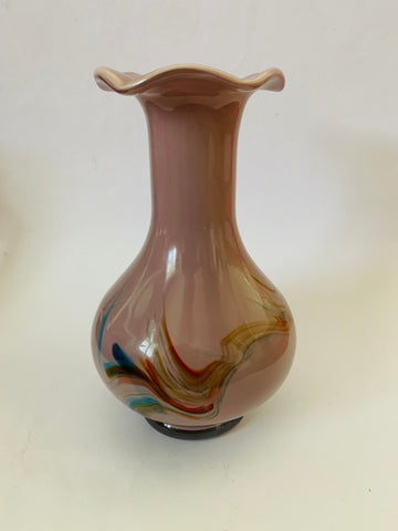 Late 20th Century Multi-Coloured Opaline Purple Art Glass Vase Crimped Rim