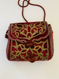 Vintage Leather and Red Velvet Bag with silver colour Thread
