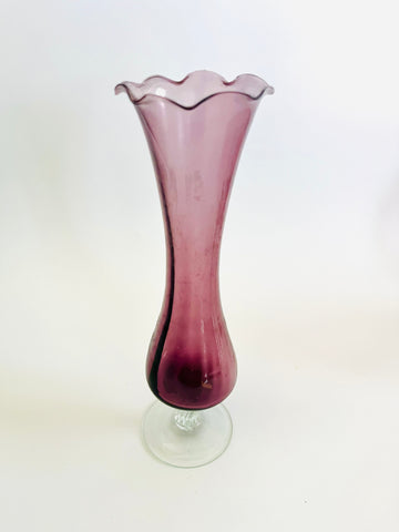 Art Glass Purple Vase with Clear Twisted Base