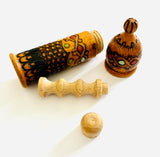 Wooden hand turned Needle Case with Wooden Cotton Reel and Thimble