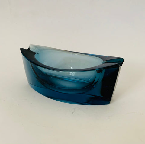 Midcentury blue heavy Art glass ashtray