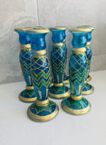 8 vintage blue glass and gold painted candlesticks