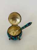 Silver and cloisonné salt pot and spoon